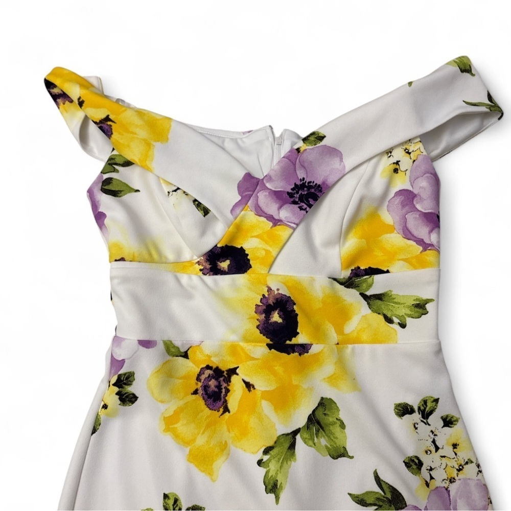 Premier Amour Off Y2k Shoulder Floral Bodycon Dress White Yellow Purple Size 6 - Picture 2 of 6